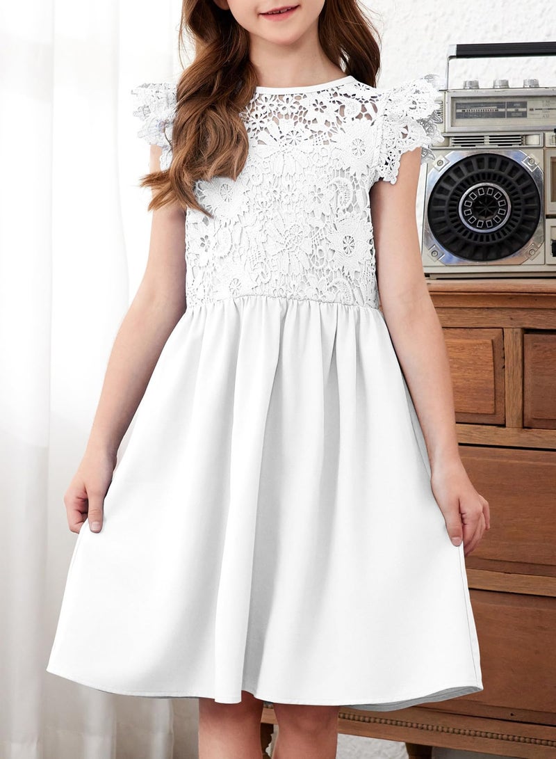 blibean Tween Girls Dress Summer Fashion Sleeveless Semi Formal Dresses Kids Solid Lace 2025 Midi Wedding Gust Bridesmaid Outfits Elegant Fancy Party Flare Clothes Size 14-15 Years White - Image 2