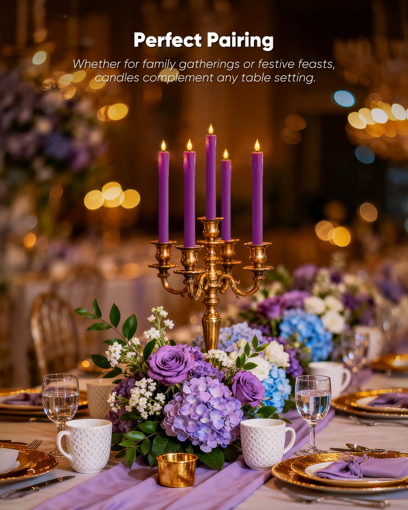 Homemory 6 Pcs Real Wax Purple Flameless Taper Candles with Remote Timer, 9.6 Inches LED Fake Candlesticks, LED Candle with 3D Flickering Flame for Romantic Wedding, Dinner, Xmas Anniversary Decor - Image 4