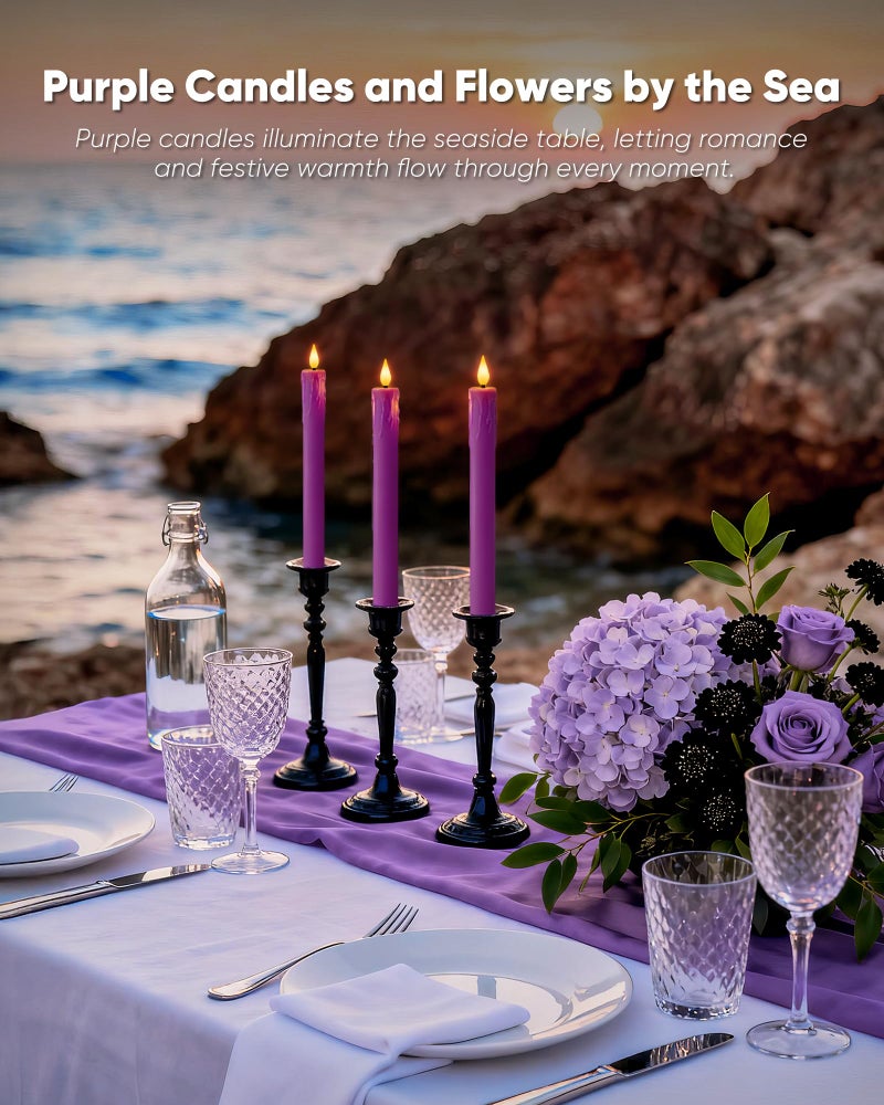 Homemory 6 Pcs Real Wax Purple Flameless Taper Candles with Remote Timer, 9.6 Inches LED Fake Candlesticks, LED Candle with 3D Flickering Flame for Romantic Wedding, Dinner, Xmas Anniversary Decor - Image 5