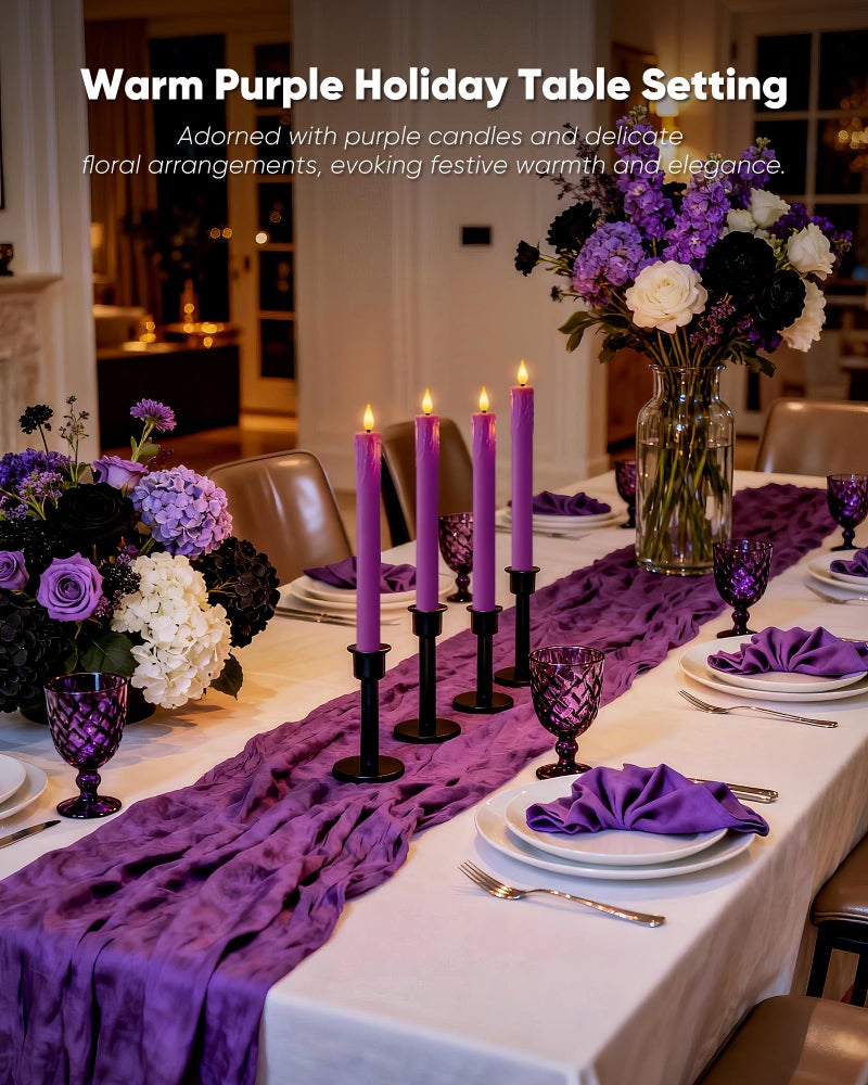 Homemory 6 Pcs Real Wax Purple Flameless Taper Candles with Remote Timer, 9.6 Inches LED Fake Candlesticks, LED Candle with 3D Flickering Flame for Romantic Wedding, Dinner, Xmas Anniversary Decor - Image 3