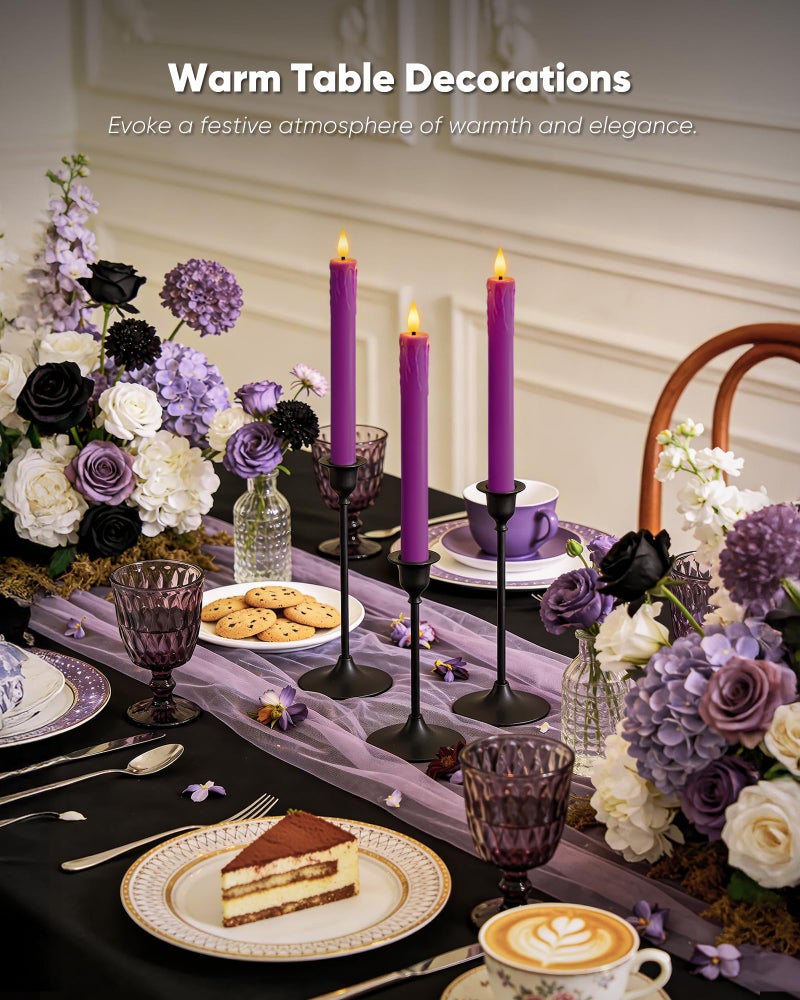 Homemory 6 Pcs Real Wax Purple Flameless Taper Candles with Remote Timer, 9.6 Inches LED Fake Candlesticks, LED Candle with 3D Flickering Flame for Romantic Wedding, Dinner, Xmas Anniversary Decor - Image 2