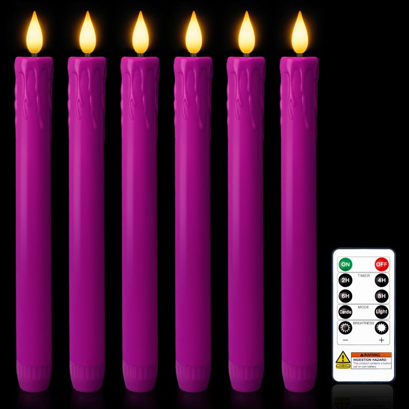 Homemory 6 Pcs Real Wax Purple Flameless Taper Candles with Remote Timer, 9.6 Inches LED Fake Candlesticks, LED Candle with 3D Flickering Flame for Romantic Wedding, Dinner, Xmas Anniversary Decor - Image 1