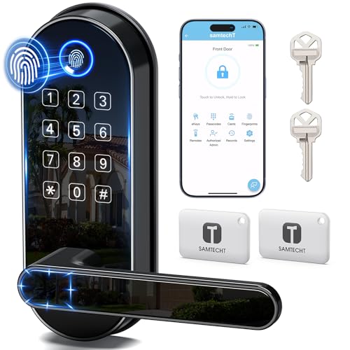 samtechT Keyless Entry Fingerprint Smart Lock with Handle & Keypad: Electronic/Electric Digital Lock with Code/Passcode, Biometric Deadbolt Door Knob for Front Door, Bedroom, Interior or Exterior Use (Black) - Image 1