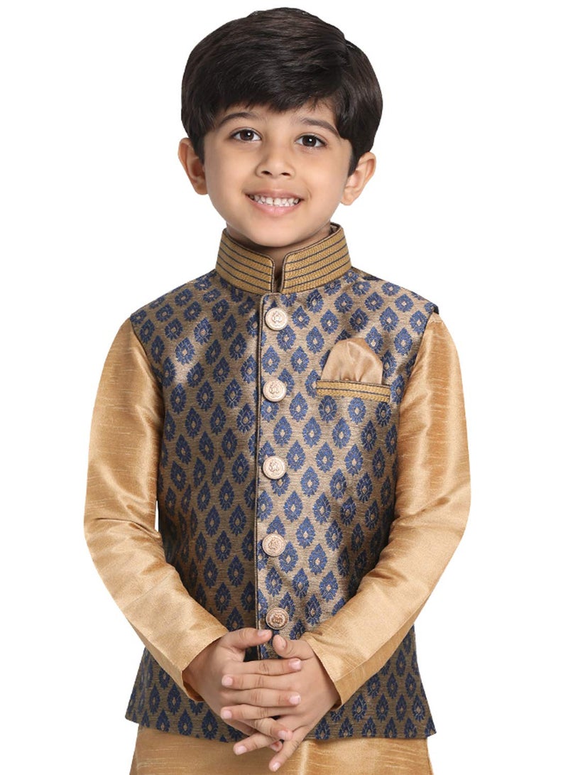 JBN Creation Boys' Navy Blue and Gold Silk Blend Nehru Jacket (VASBJ025NB, for 9-10 Years) - Image 1