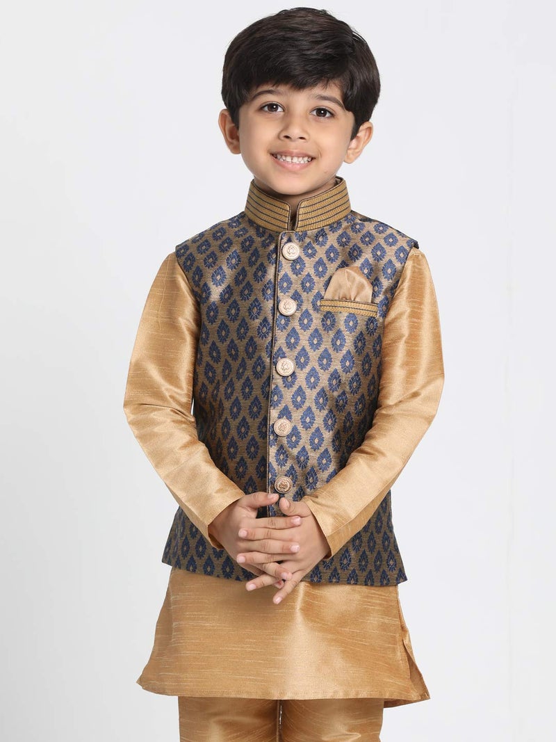JBN Creation Boys' Navy Blue and Gold Silk Blend Nehru Jacket (VASBJ025NB, for 9-10 Years) - Image 2