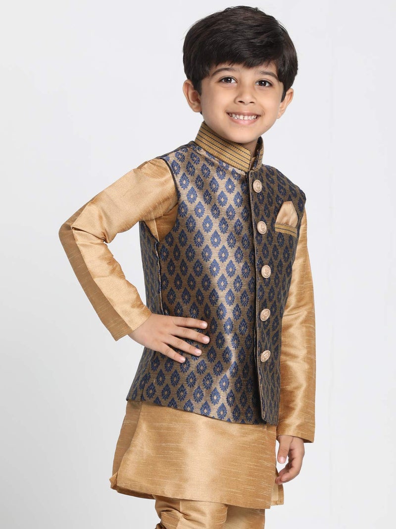 JBN Creation Boys' Navy Blue and Gold Silk Blend Nehru Jacket (VASBJ025NB, for 9-10 Years) - Image 3