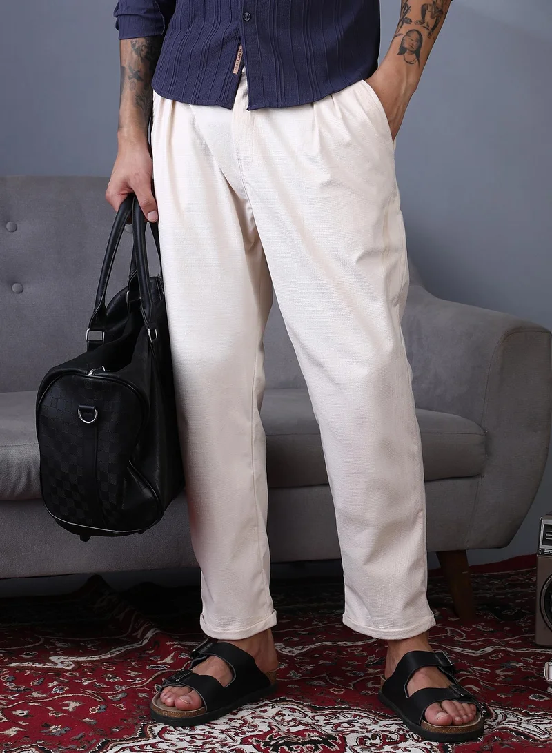 Campus Sutra Men's Ecru White Cuffed Pleated Tailored Trousers For Casual Wear | Mid-Rise | Regular Fit | Button Closure | Trousers Crafted With Comfort Fit For Everyday Wear