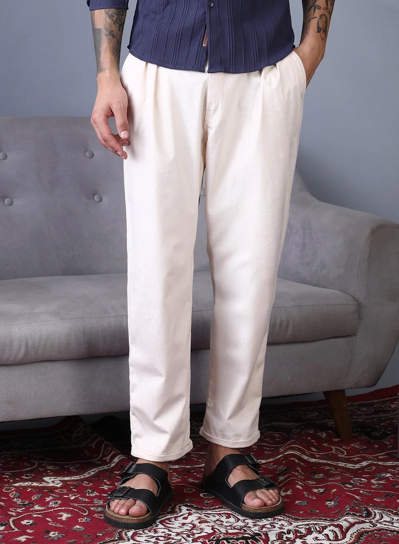 Campus Sutra Men's Ecru White Cuffed Pleated Tailored Trousers For Casual Wear | Mid-Rise | Regular Fit | Button Closure | Trousers Crafted With Comfort Fit For Everyday Wear