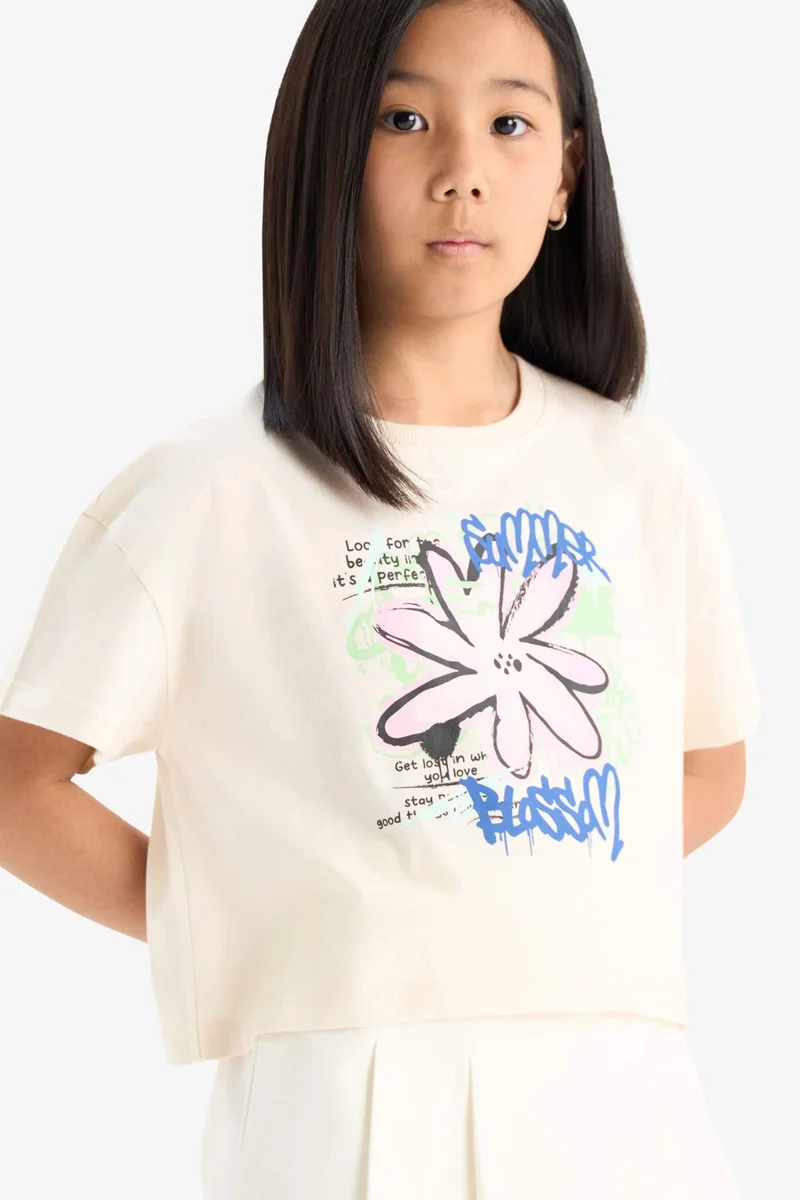 Defacto Girl Crew Neck Slogan Printed Short Sleeve T-Shirt