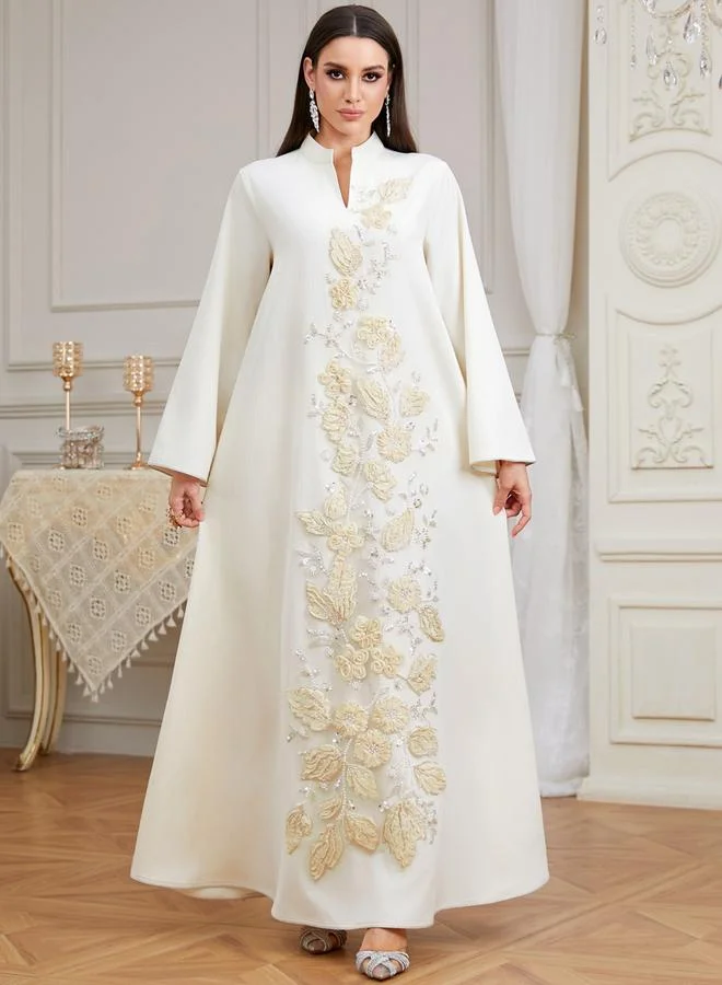 Take Two Cream Embellished Jalabiya with Floral Embroidery