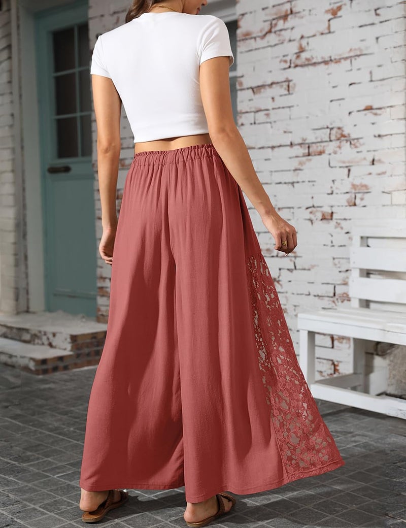 TARSE Women Linen Wide Leg Pants Lace Patchwork Boho Loose Elastic Waist Palazzo Pants Summer Casual Beach Trousers with Pockets(RustRed, L) - Image 5
