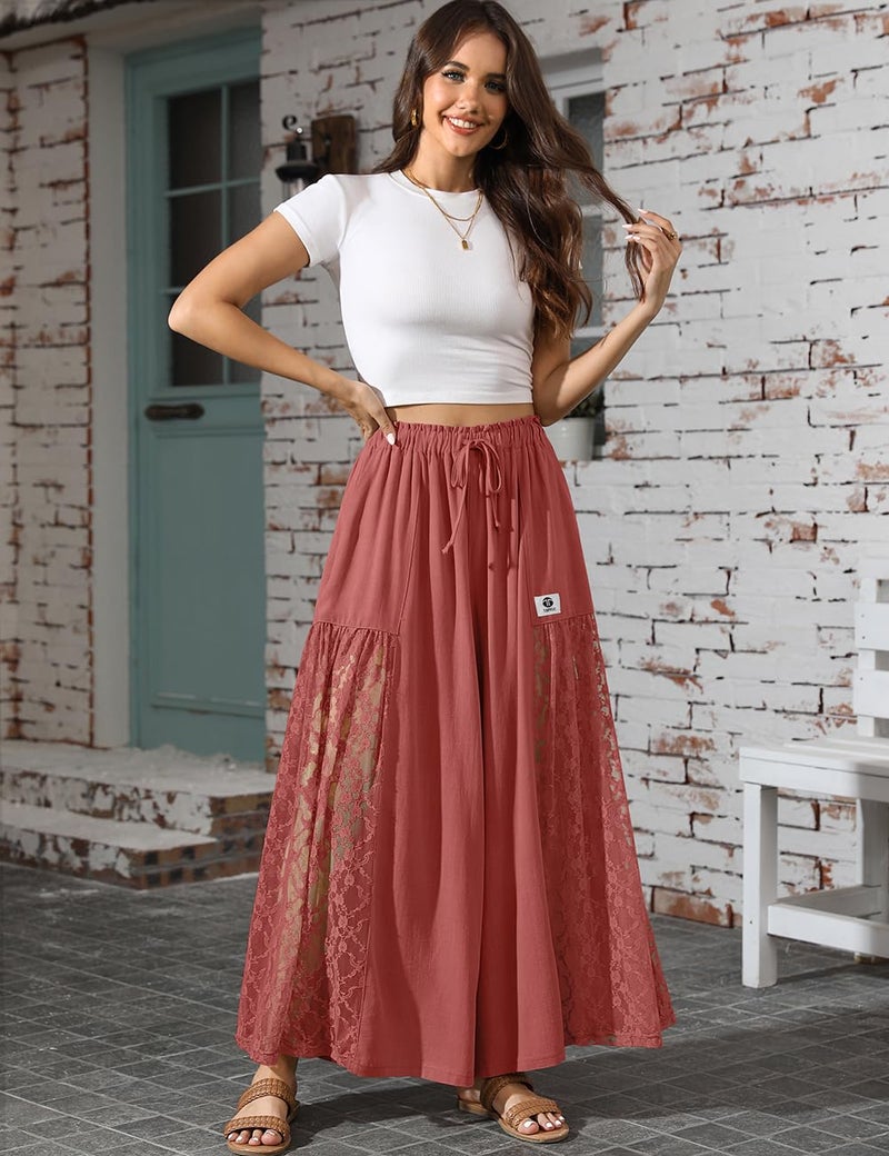 TARSE Women Linen Wide Leg Pants Lace Patchwork Boho Loose Elastic Waist Palazzo Pants Summer Casual Beach Trousers with Pockets(RustRed, L) - Image 4