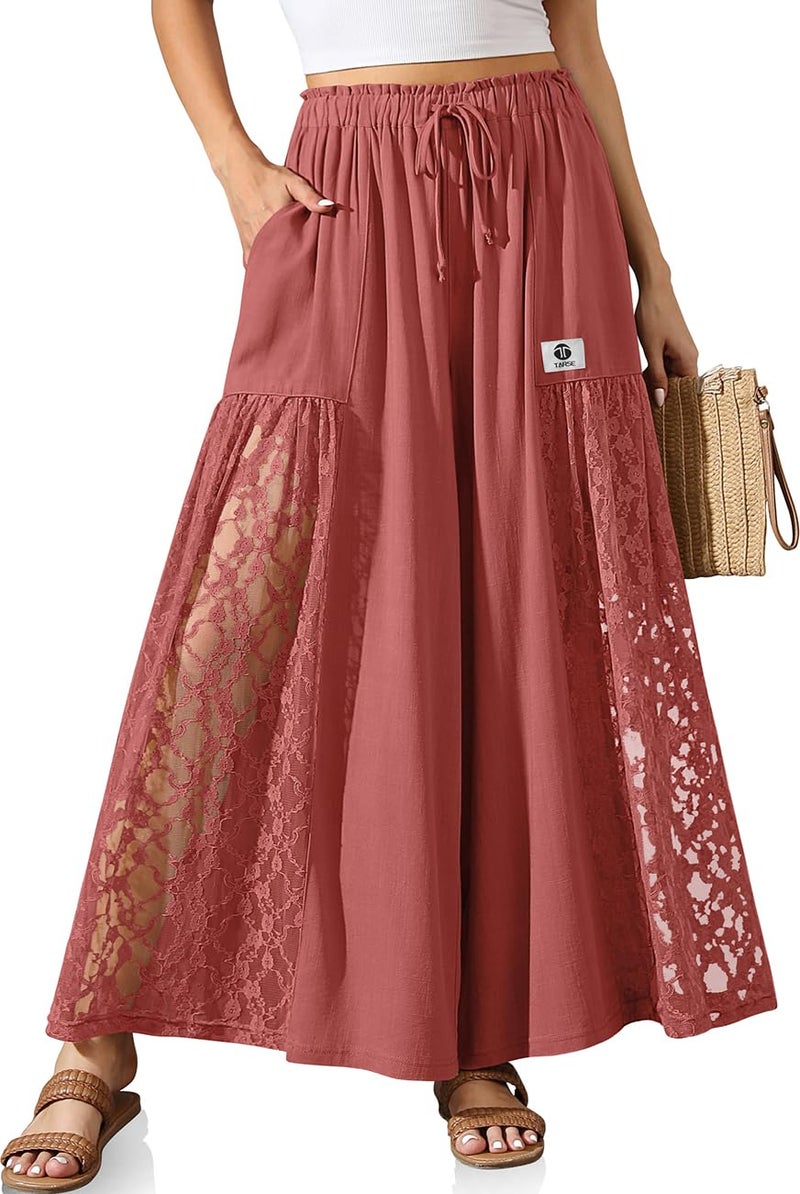TARSE Women Linen Wide Leg Pants Lace Patchwork Boho Loose Elastic Waist Palazzo Pants Summer Casual Beach Trousers with Pockets(RustRed, L) - Image 1