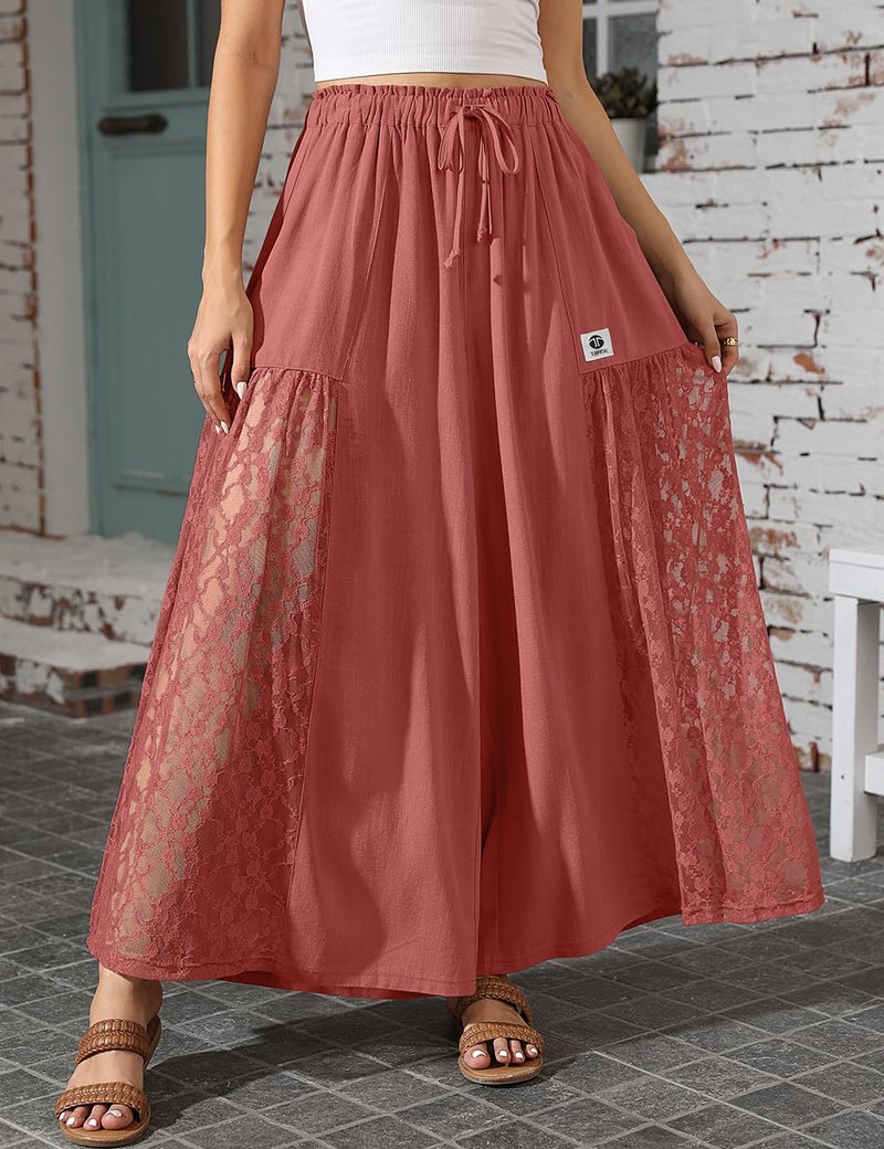 TARSE Women Linen Wide Leg Pants Lace Patchwork Boho Loose Elastic Waist Palazzo Pants Summer Casual Beach Trousers with Pockets(RustRed, L) - Image 2