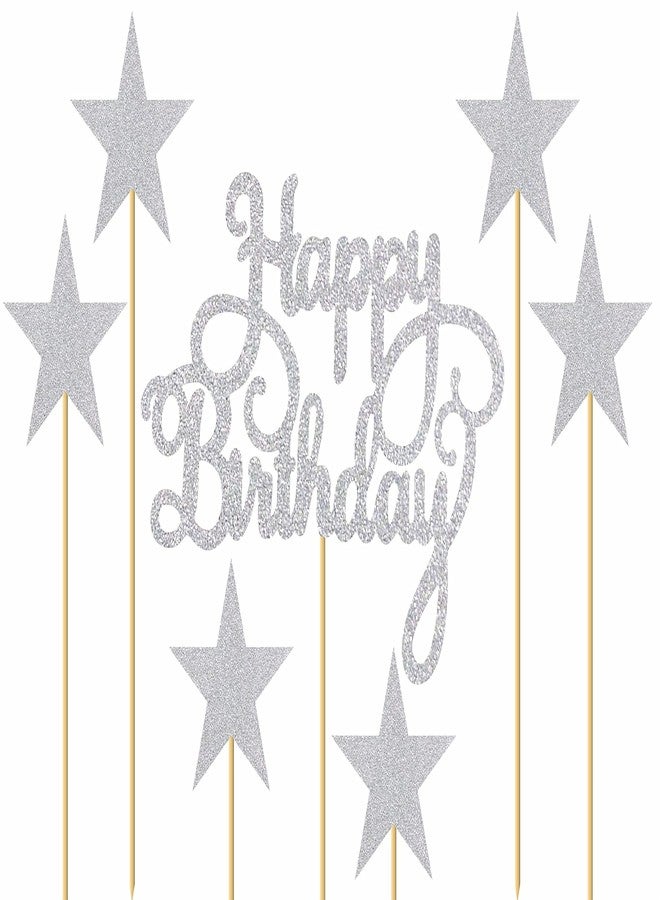 SVM CRAFT® Happy Birthday Cake Topper with six stars Silver Glitter and Stars Cupcake Toppers for Kids Boy's Girls Adults 30th, 40th, 50th,60th Birthday Decorations Items/Cake Accessories,Cards,Tags - Image 1