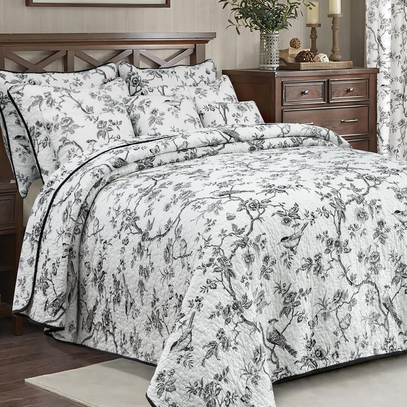 EVENHUG 100 Cotton Quilt Queen Size Black Bird Bedding Set Double Printing Lightweight Quilt Reversible Coverlet Bedspread with Pillow Shams All Seasons 3 Pieces 92x96