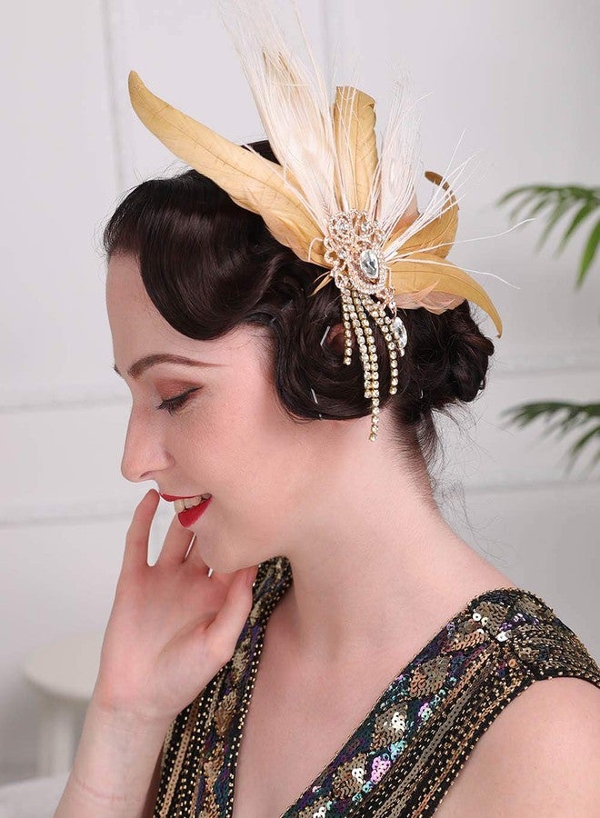Aimimier 1920s Flapper Feather Hair Clip Crystal Tassel Roaring 20s Yellow Feather Headpiece Masquerade Hair Accessories for Women and Girls - Image 4