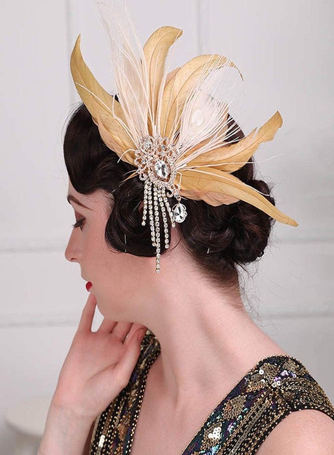 Aimimier 1920s Flapper Feather Hair Clip Crystal Tassel Roaring 20s Yellow Feather Headpiece Masquerade Hair Accessories for Women and Girls - Image 1