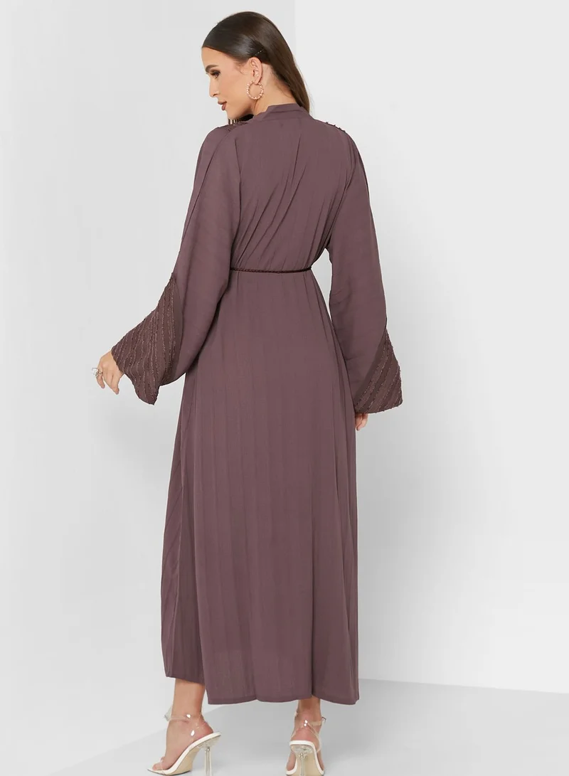 NUKHBAA Tie Detail Lace Trim Abaya