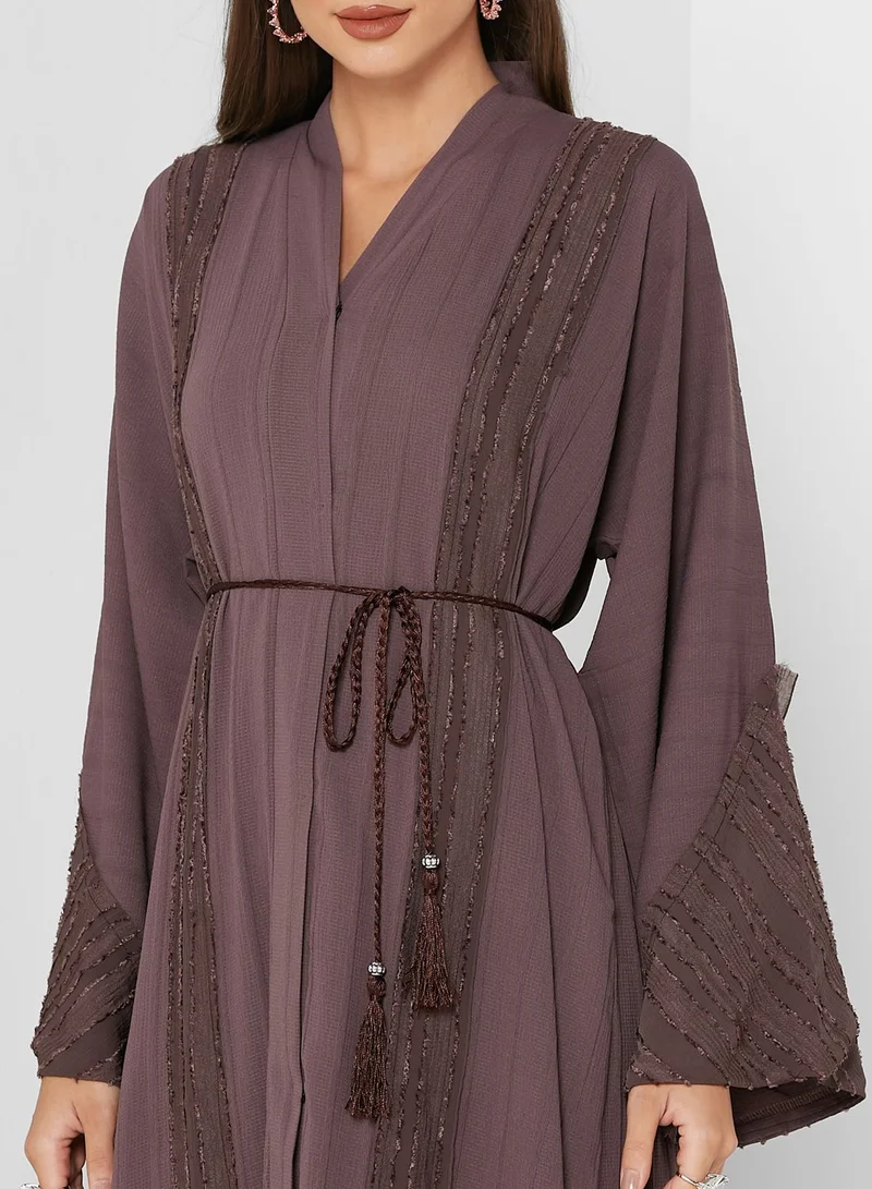 NUKHBAA Tie Detail Lace Trim Abaya