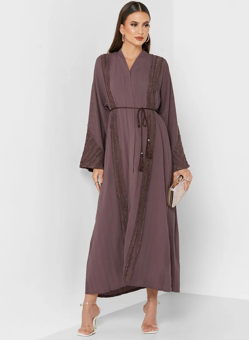 NUKHBAA Tie Detail Lace Trim Abaya