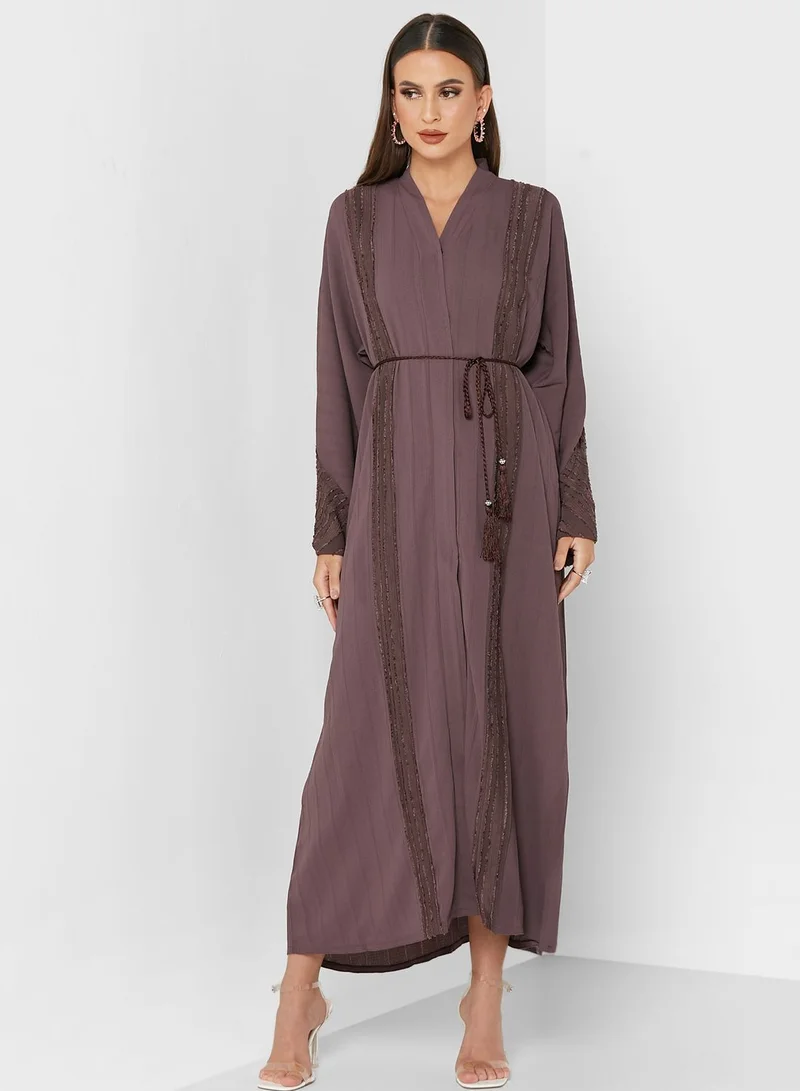 NUKHBAA Tie Detail Lace Trim Abaya