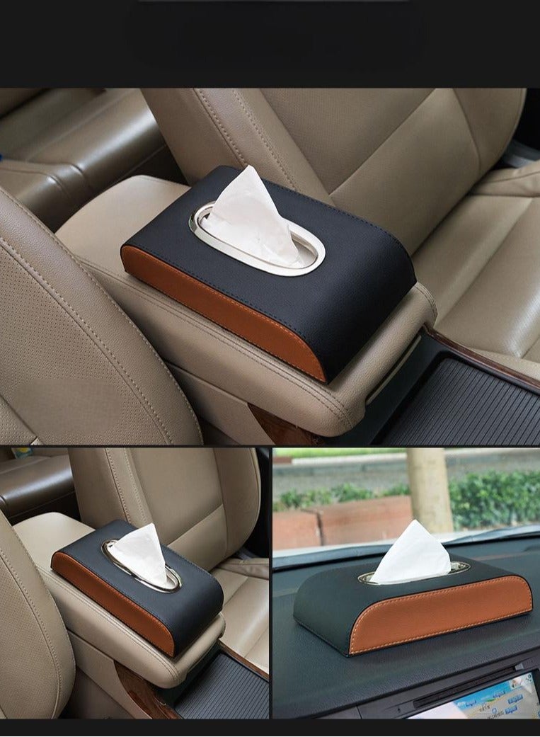 Loquat Tissue Holder, Black with Brown Tissue Box Cover PU Leather Rectangular Tissue Holder for Home Car Office Decor (NO Paper Towel) - Image 1