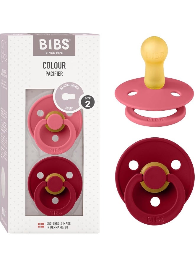 BIBS Colour Soother 2-Pack, BPA Free Dummy Pacifier, Round Natural Rubber Latex, Size 2 (6-18 Months), Coral/Ruby - Image 1