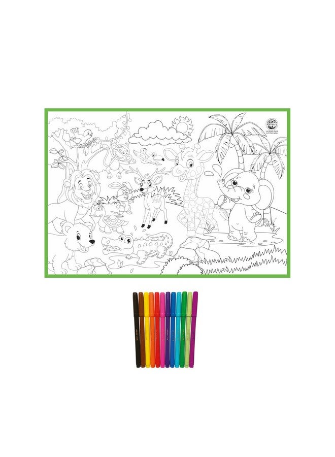 راتاناز حصيرة تلوين Ratna's My Coloring Mat مطبوعة بطبعات الغابة مقاس 40 × 27 بوصة، مجموعة تلوين قابلة للغسل وإعادة الاستخدام للأطفال من سن 3 سنوات فما فوق - Image 2