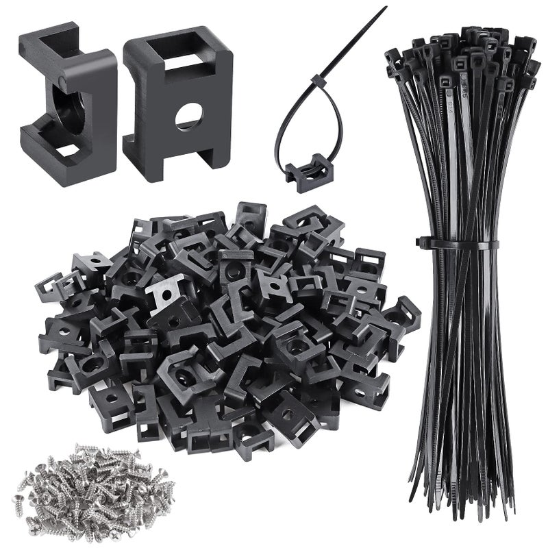 XHF 100 Pcs Cable Zip Tie Saddle Type Mounts Base with 100 Pcs 8" Cable Ties and 100 Pcs Tapping Screw, Wire Cable Clips Organizer Holders Clamps Black - Image 1