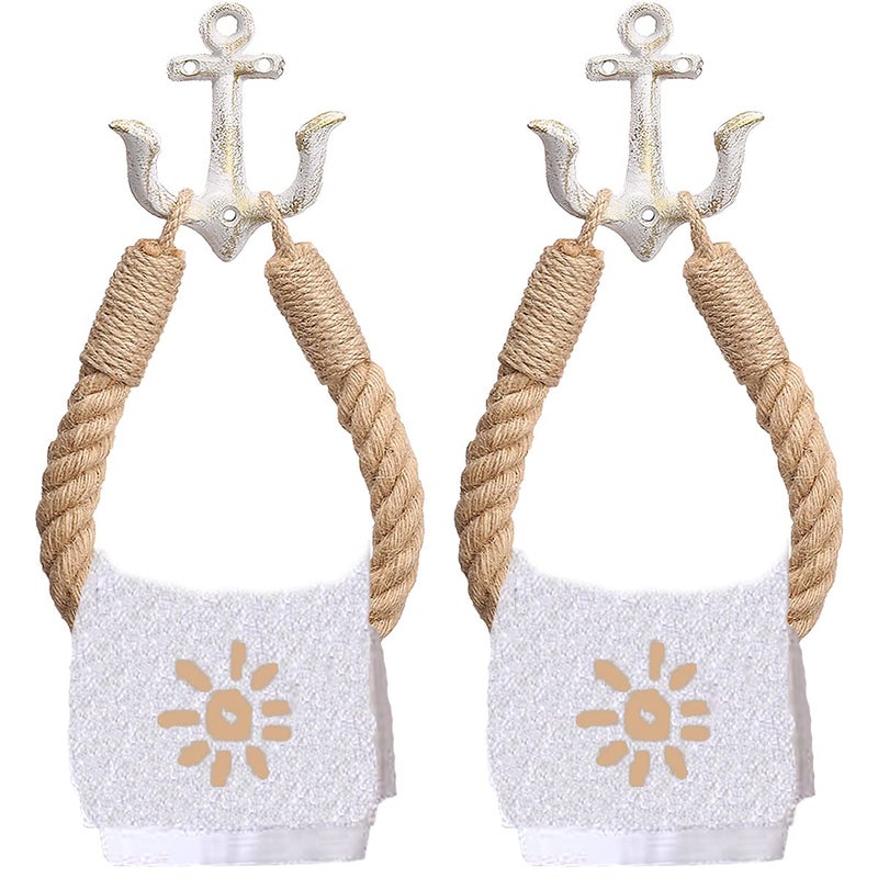 Amerla 2 Pcs Nautical Rope Toilet Paper Holder WallMounted Towel Ring Nautical Toilet Paper Holder with Metal Hooks Coastal Towel Rack Natural Antique Rope WhiteWhite
