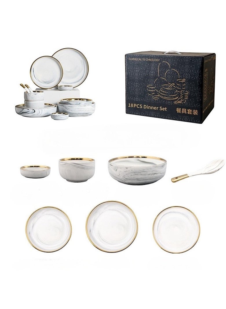 Elegant Marble Gold Rim 18-Piece Dinnerware Set for 3-4 People - Premium Porcelain Set