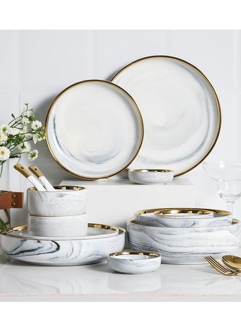 Elegant Marble Gold Rim 18-Piece Dinnerware Set for 3-4 People - Premium Porcelain Set