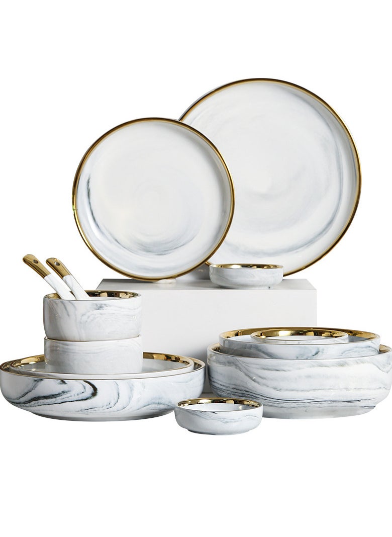 Elegant Marble Gold Rim 18-Piece Dinnerware Set for 3-4 People - Premium Porcelain Set