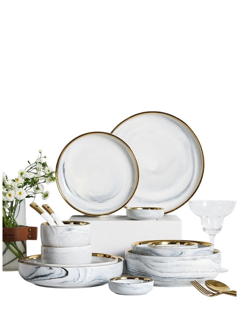 Elegant Marble Gold Rim 18-Piece Dinnerware Set for 3-4 People - Premium Porcelain Set