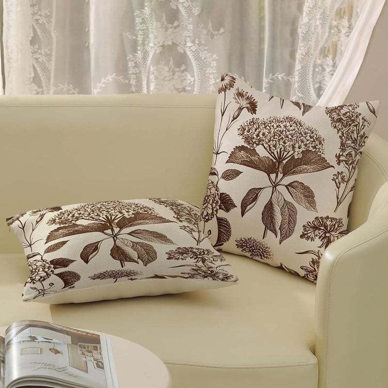 GOLIANDA Brown Pillow Covers 16x16 Set of 2 Vintage Boho Floral Hydrangea Herbs Botanical Throw Pillow Cover Outdoor Flower Decorative Pillowcase Linen Farmhouse Cushion Case Decor for Couch Sofa - Image 5