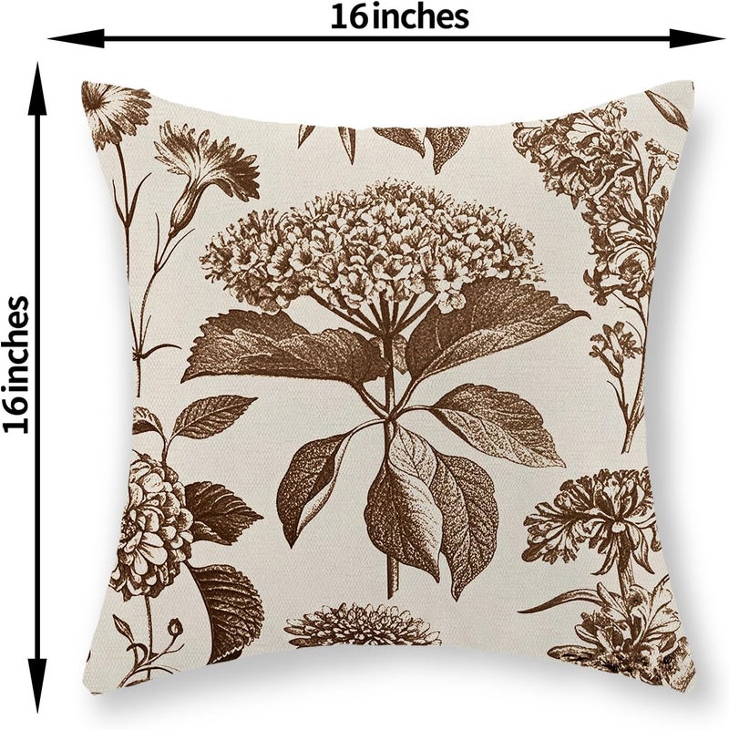 GOLIANDA Brown Pillow Covers 16x16 Set of 2 Vintage Boho Floral Hydrangea Herbs Botanical Throw Pillow Cover Outdoor Flower Decorative Pillowcase Linen Farmhouse Cushion Case Decor for Couch Sofa - Image 2
