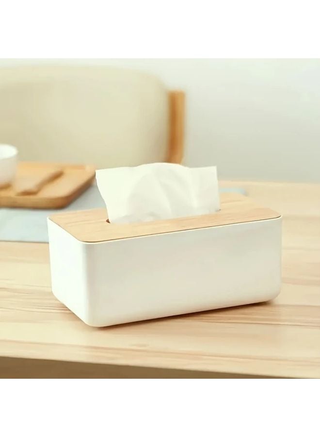 White Modern Bamboo Lid Tissue Box Holder Simple Style Plastic Square Dispenser - Image 3