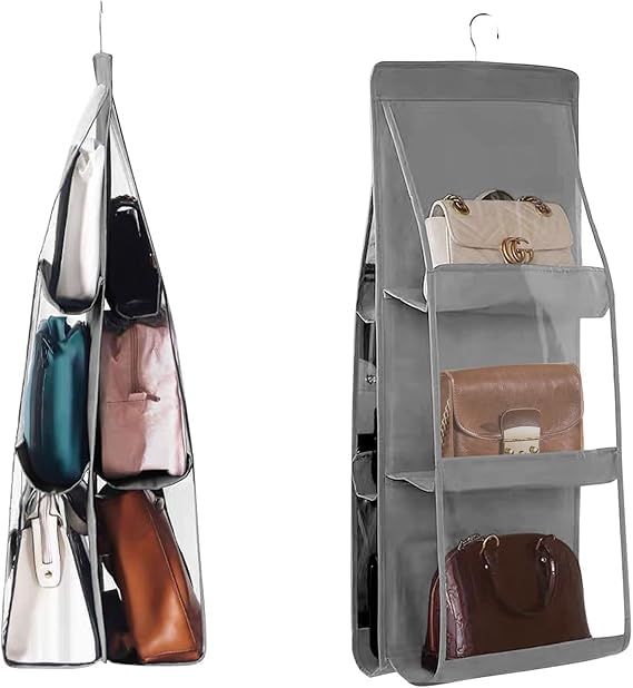 RAGGLE Hanging Purse Organizer for Closet 6 Pockets Handbag Purse Holder for Closet Foldable Shelf Upgrade Dust Proof Purse Organizer Closet with Metal Hooks - Image 4