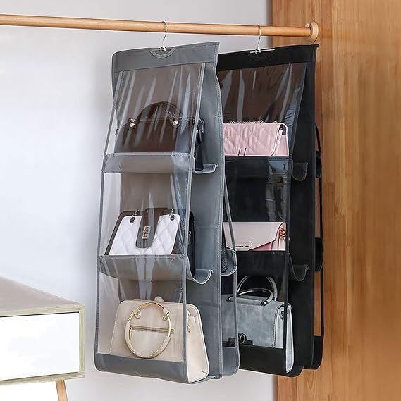 RAGGLE Hanging Purse Organizer for Closet 6 Pockets Handbag Purse Holder for Closet Foldable Shelf Upgrade Dust Proof Purse Organizer Closet with Metal Hooks - Image 5