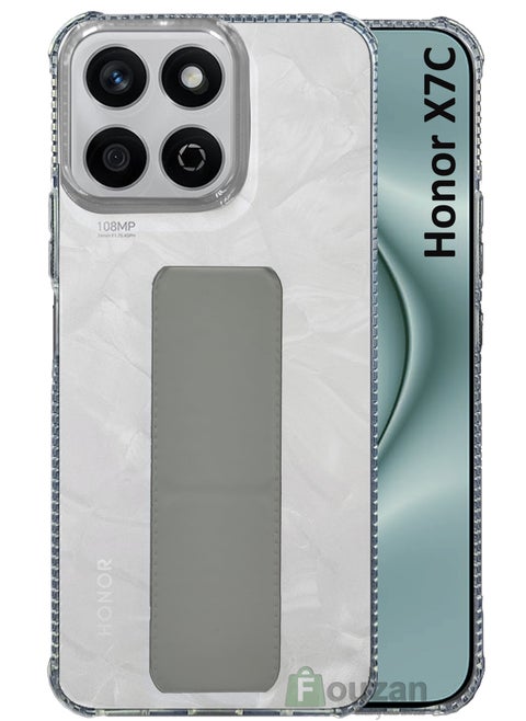 For Honor X7c -Transparent Shock Proof Silicone- Magnetic Case With Hand Grip Holder & Kickstand -Clear/Grey