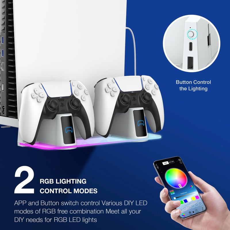 Meqi مجموعة تركيب جدار MEQI لجهاز PS5 مع محطة شحن، حامل معدني مع إضاءة RGB متعددة الأوضاع لجهاز بلاي ستيشن 5/PS5 سليم/PS5 برو، إصدارات القرص/الرقمية - Image 5