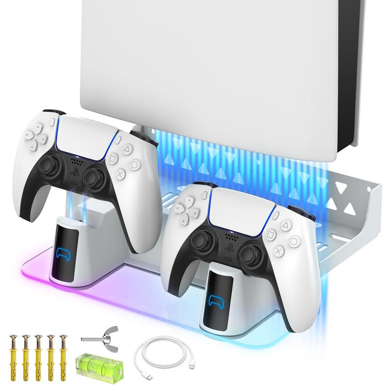 Meqi مجموعة تركيب جدار MEQI لجهاز PS5 مع محطة شحن، حامل معدني مع إضاءة RGB متعددة الأوضاع لجهاز بلاي ستيشن 5/PS5 سليم/PS5 برو، إصدارات القرص/الرقمية - Image 1
