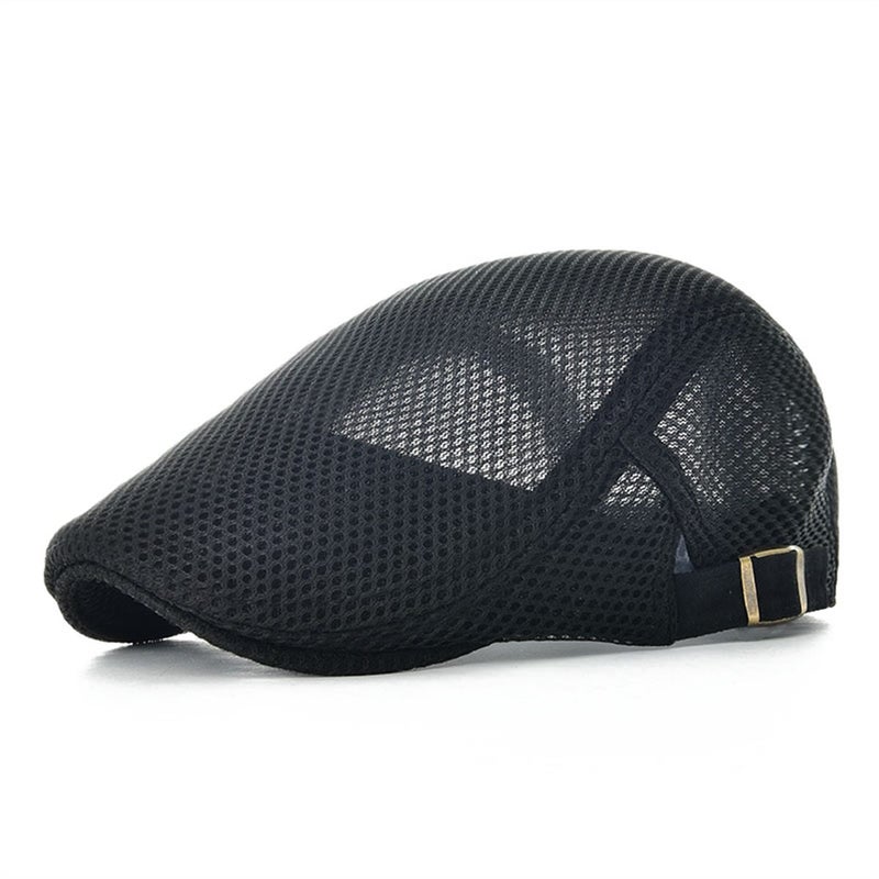VOBOOM Men Breathable Mesh Summer Hat Adjustable Newsboy Beret Ivy Cabbie Flat Cap (Black) - Image 1