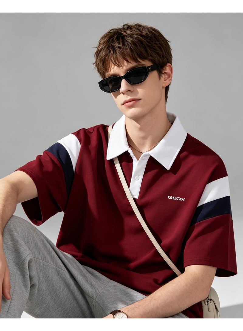 GEOX Unisex Short Sleeve Color Block Polo Shirt, Burgundy - Image 2