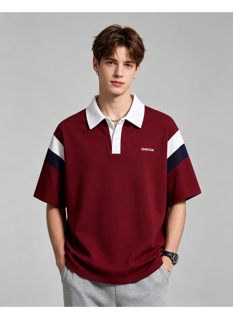 GEOX Unisex Short Sleeve Color Block Polo Shirt, Burgundy - Image 1