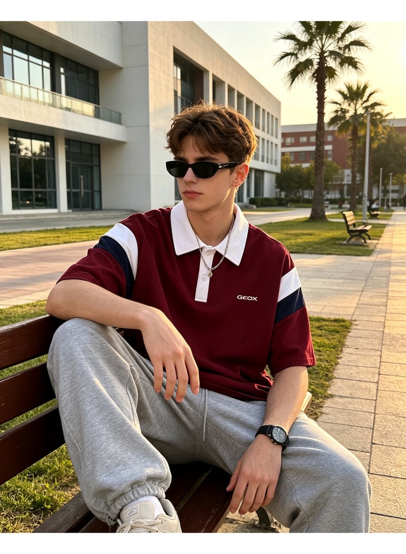 GEOX Unisex Short Sleeve Color Block Polo Shirt, Burgundy - Image 4