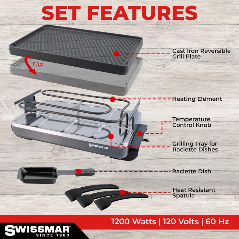 Swissmar سويسمار KF-77040 راكلت كلاسيك لـ 8 أشخاص مع لوحة شواء من الحديد الزهر قابلة للعكس/سطح كريب، أسود - Image 4