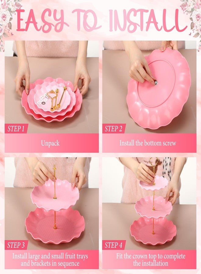 FoldTier 6 Pack Cupcake Stand Set 3 Round 3 Tier Pink Gradient Dessert Table Display Stands Cookie Tray Rack 3 X14 in Rectangle Party Trays for Wedding Birthday Tea Party Baby Shower - Image 4