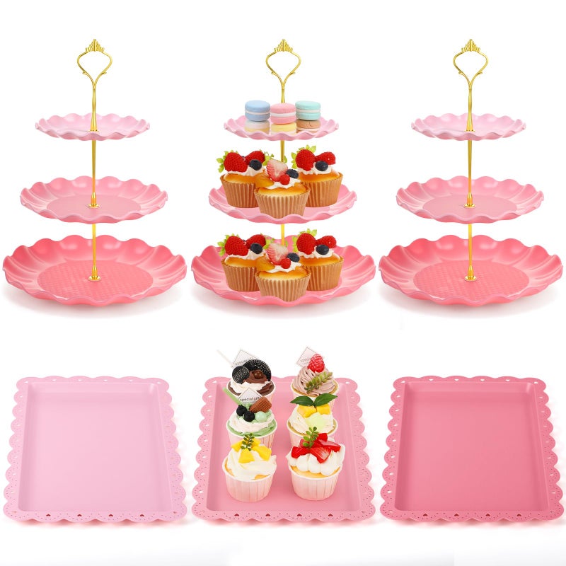 FoldTier 6 Pack Cupcake Stand Set 3 Round 3 Tier Pink Gradient Dessert Table Display Stands Cookie Tray Rack 3 X14 in Rectangle Party Trays for Wedding Birthday Tea Party Baby Shower - Image 1